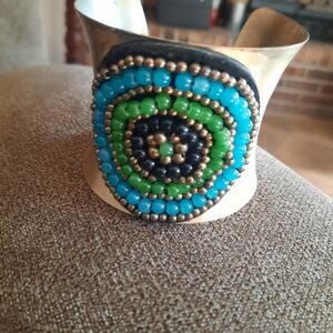 Gold Beaded Cuff Bracelet with Blue and Green Accents
